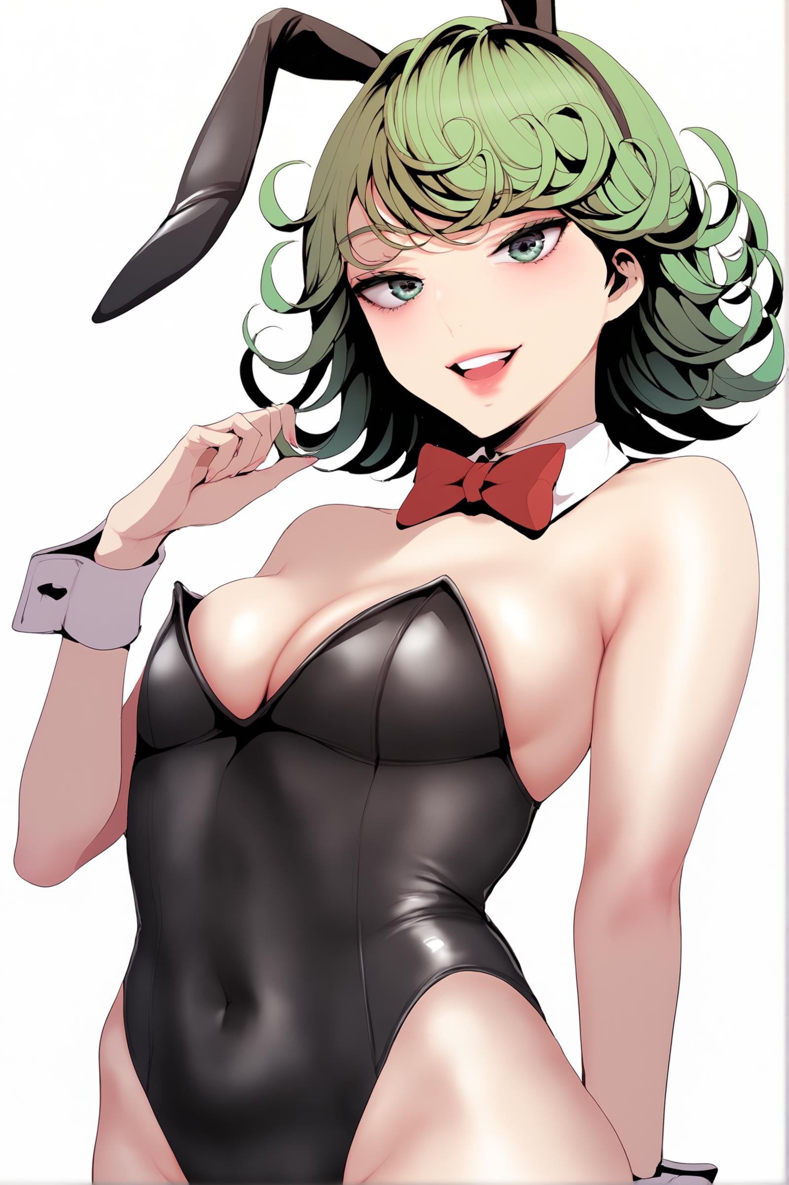 <lora:XL_STYLE_BNW_ART1:1> bnwart1def, tatsumaki, green hair, simple background, white background, looking at viewer, standing, smile, bangs, bow, animal ears, cleavage, bare shoulders, cowboy shot, teeth, bowtie, rabbit ears, red bow, leotard, wrist cuffs, strapless, covered navel, detached collar, fake animal ears, upper teeth only, highleg, playboy bunny, red bowtie, black leotard, highleg leotard, strapless leotard, expressionless, score_9,score_8_up,score_7_up, detailed face, source_anime