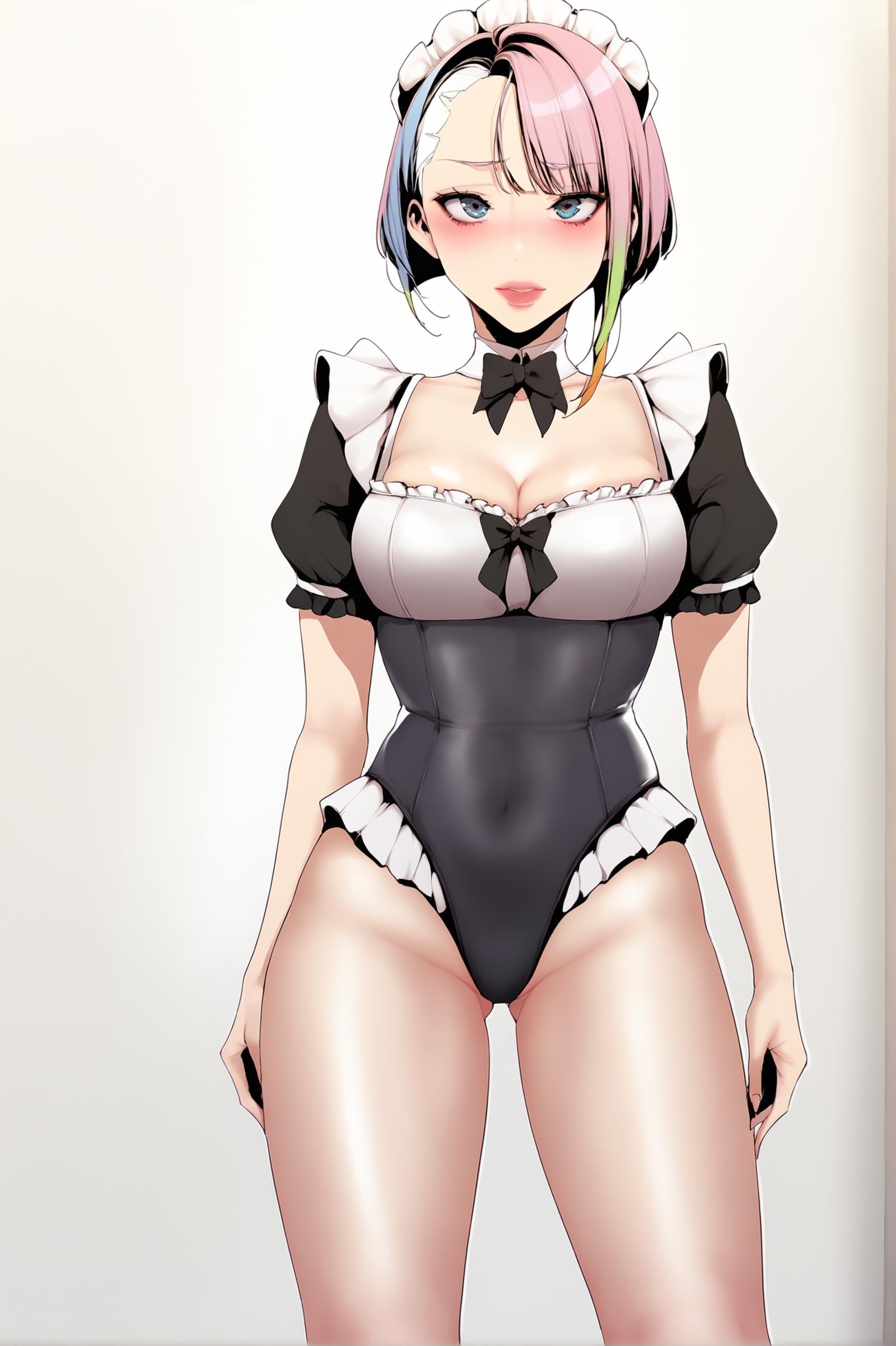 <lora:XL_STYLE_BNW_ART1:1> bnwart1def, lucy \(cyberpunk\), multicolored hair, simple background, white background, 1girl, solo, breasts, cleavage, maid, looking at viewer, short sleeves, frills, thighs, blush, swimsuit, alternate costume, underwear, panties, black panties, detached collar, puffy sleeves, standing, enmaided, puffy short sleeves, collarbone, ribbon trim, leotard, makeup, score_9,score_8_up,score_7_up, detailed face, source_anime