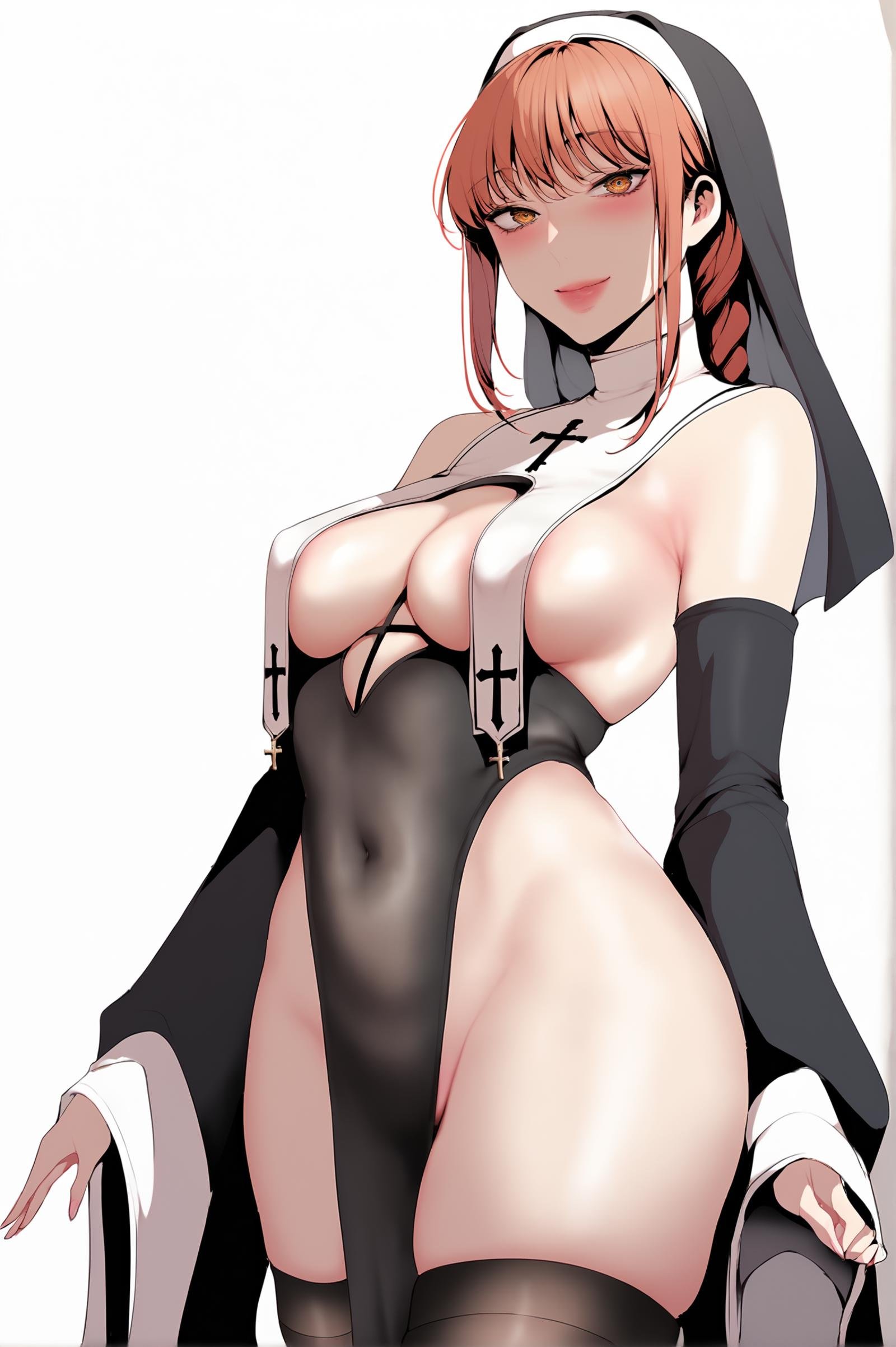 <lora:XL_STYLE_BNW_ART1:1> bnwart1def, makima \(chainsaw man\), simple background, white background, 1girl, breasts, solo, thighhighs, smile, nun, looking at viewer, breast curtains, covered navel, black thighhighs, pelvic curtain, bare shoulders, cross, detached sleeves, blush, cleavage, habit, no panties, veil, dress, cowboy shot, wide sleeves, revealing clothes, black dress, standing, long sleeves, skindentation, score_9,score_8_up,score_7_up, detailed face, source_anime