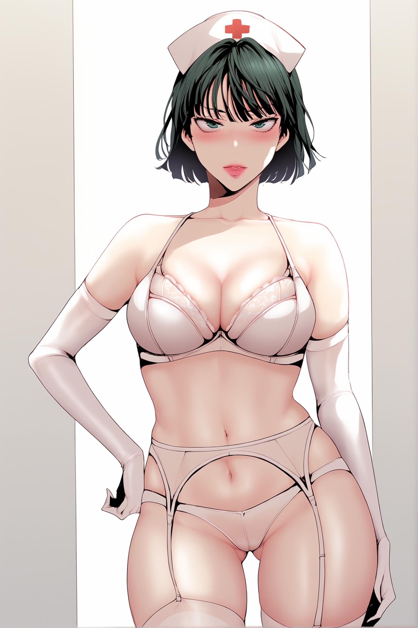 <lora:XL_STYLE_BNW_ART1:1> bnwart1def, fubuki \(one-punch man\), simple background, white background, 1girl, underwear, solo, breasts, panties, gloves, nurse cap, bra, elbow gloves, thighhighs, white bra, looking at viewer, white gloves, white panties, navel, blush, nurse, cleavage, white thighhighs, underwear only, garter straps, ass visible through thighs, collarbone, hand on hip, standing, cowboy shot, groin, lingerie, garter belt, thighs, score_9,score_8_up,score_7_up, detailed face, source_anime