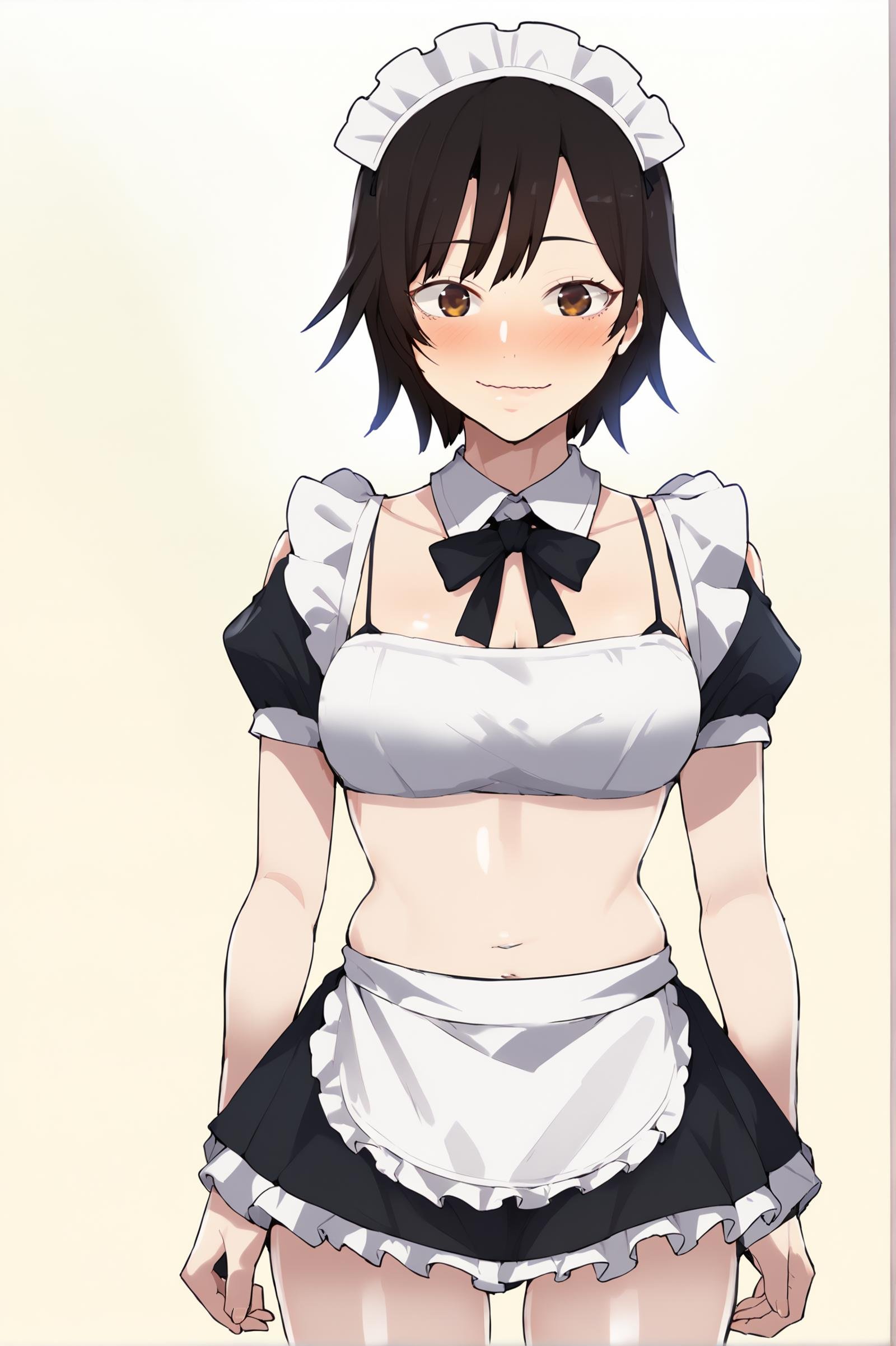 <lora:XL_EunNim_SC:1> eunnimdef, brown eyes, black hair, short hair, white background, simple background, solo focus, looking at viewer, 1girl, navel, maid headdress, smile, bikini, swimsuit, apron, skirt, maid bikini, frills, blush, alternate costume, maid, detached sleeves, detached collar, looking at viewer, black skirt, white apron, waist apron, frilled bikini, puffy sleeves, enmaided, wavy mouth, frilled skirt, frilled apron, puffy short sleeves, bare shoulders, bikini top only, medium breasts, score_9,score_8_up,score_7_up, detailed face, source_anime