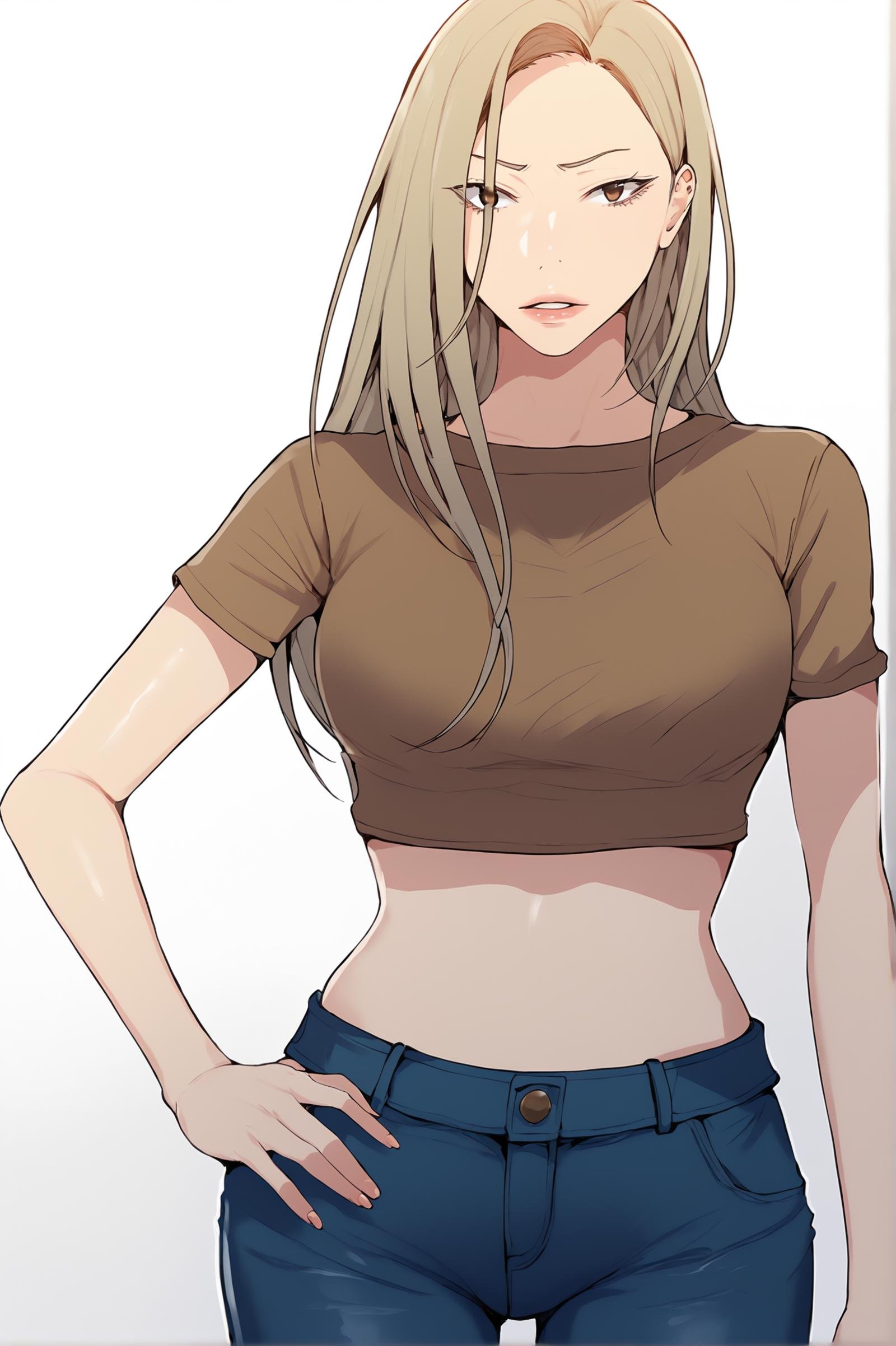 <lora:XL_MiaCha_SC:1> miachadef, blonde hair, brown eyes, long hair, looking at viewer, white background, simple background, 1girl, solo, shirt, standing, short sleeves, midriff, pants, crop top,denim, facing viewer, jeans, blue pants, brown shirt, cropped shirt, hand on own hip, parted lips, score_9,score_8_up,score_7_up, detailed face, source_anime