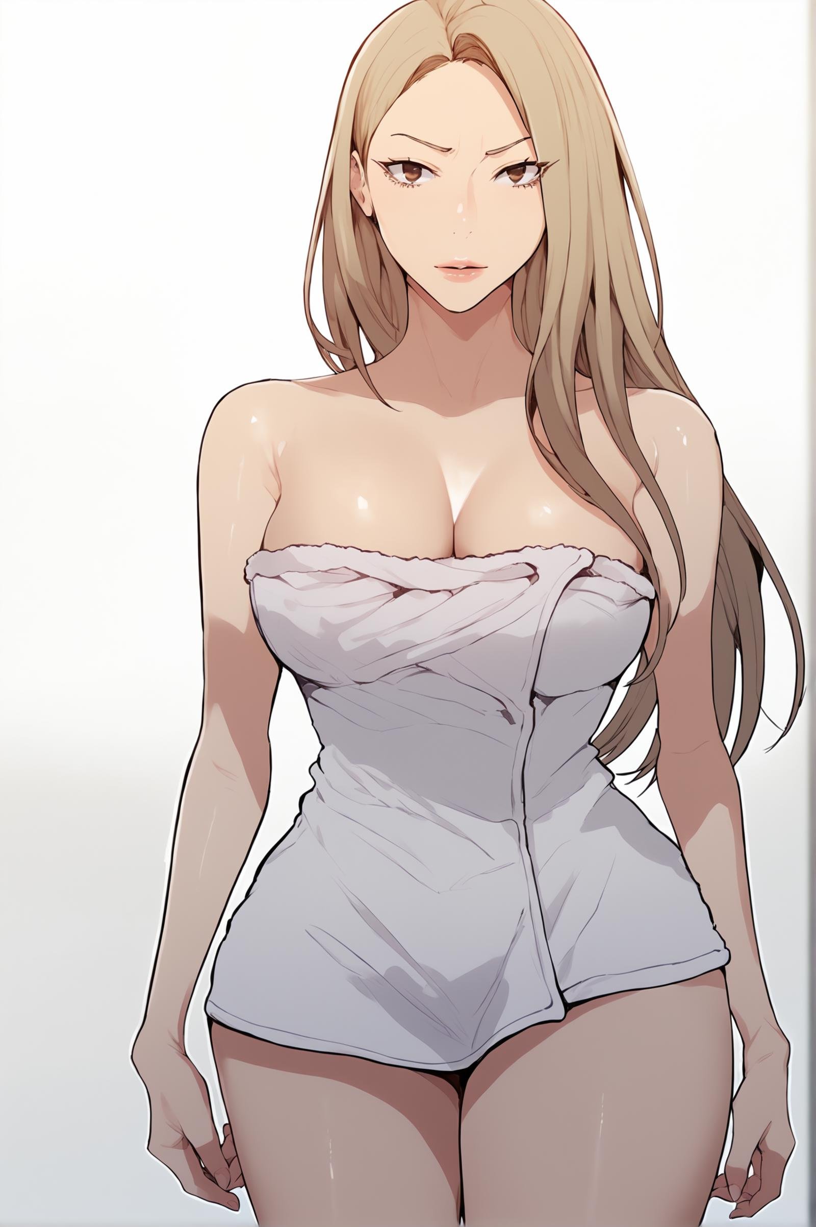 <lora:XL_MiaCha_SC:1> miachadef, blonde hair, brown eyes, long hair, looking at viewer, white background, simple background, naked towel, towel, cleavage, standing, thighs, looking at viewer, score_9,score_8_up,score_7_up, detailed face, source_anime