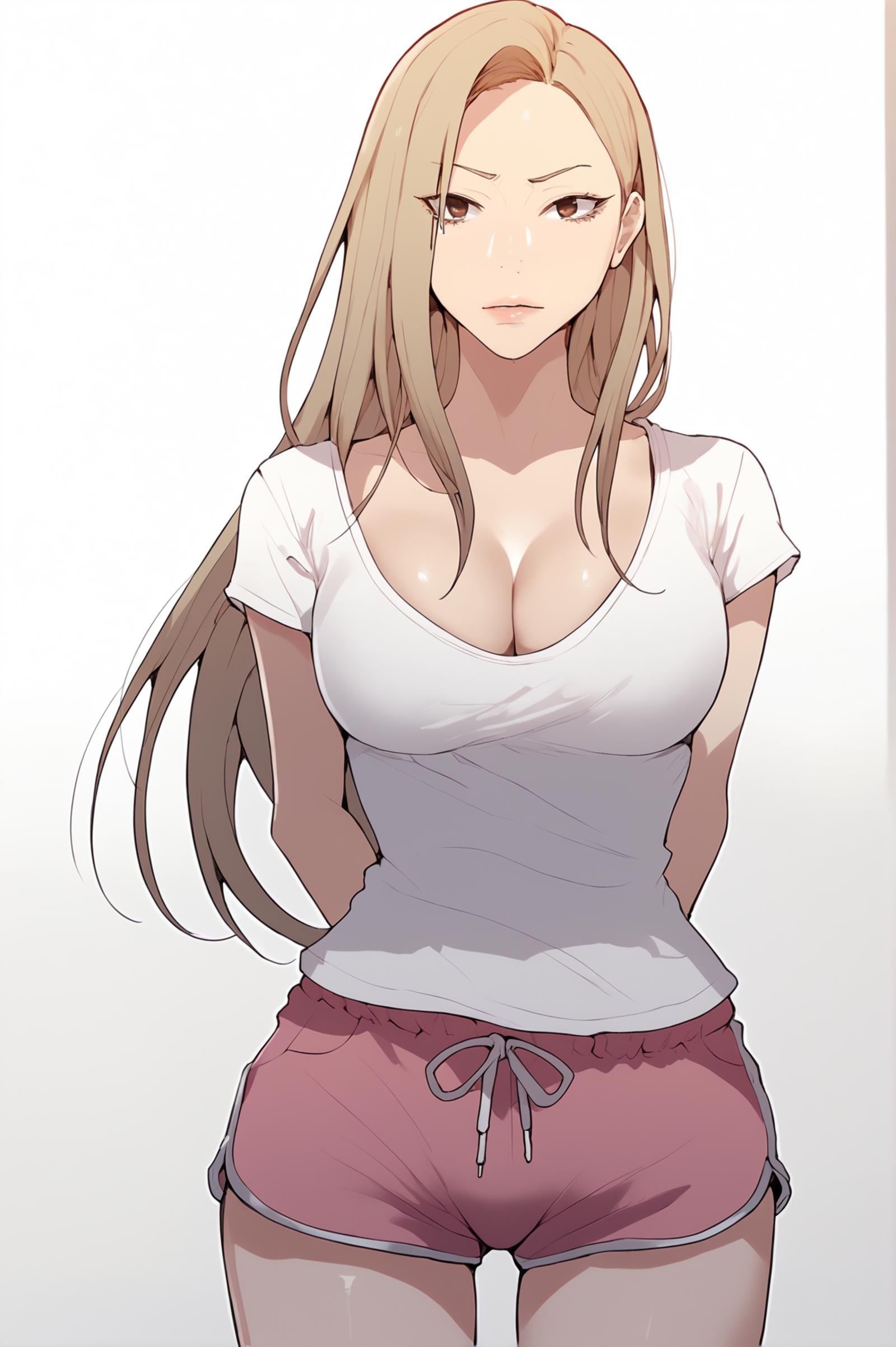 <lora:XL_MiaCha_SC:1> miachadef, blonde hair, brown eyes, long hair, looking at viewer, white background, simple background, 1girl, solo, standing, t-shirt, white shirt, cleavage, breasts, dolphin shorts, pink shorts, arms behind back, score_9,score_8_up,score_7_up, detailed face, source_anime