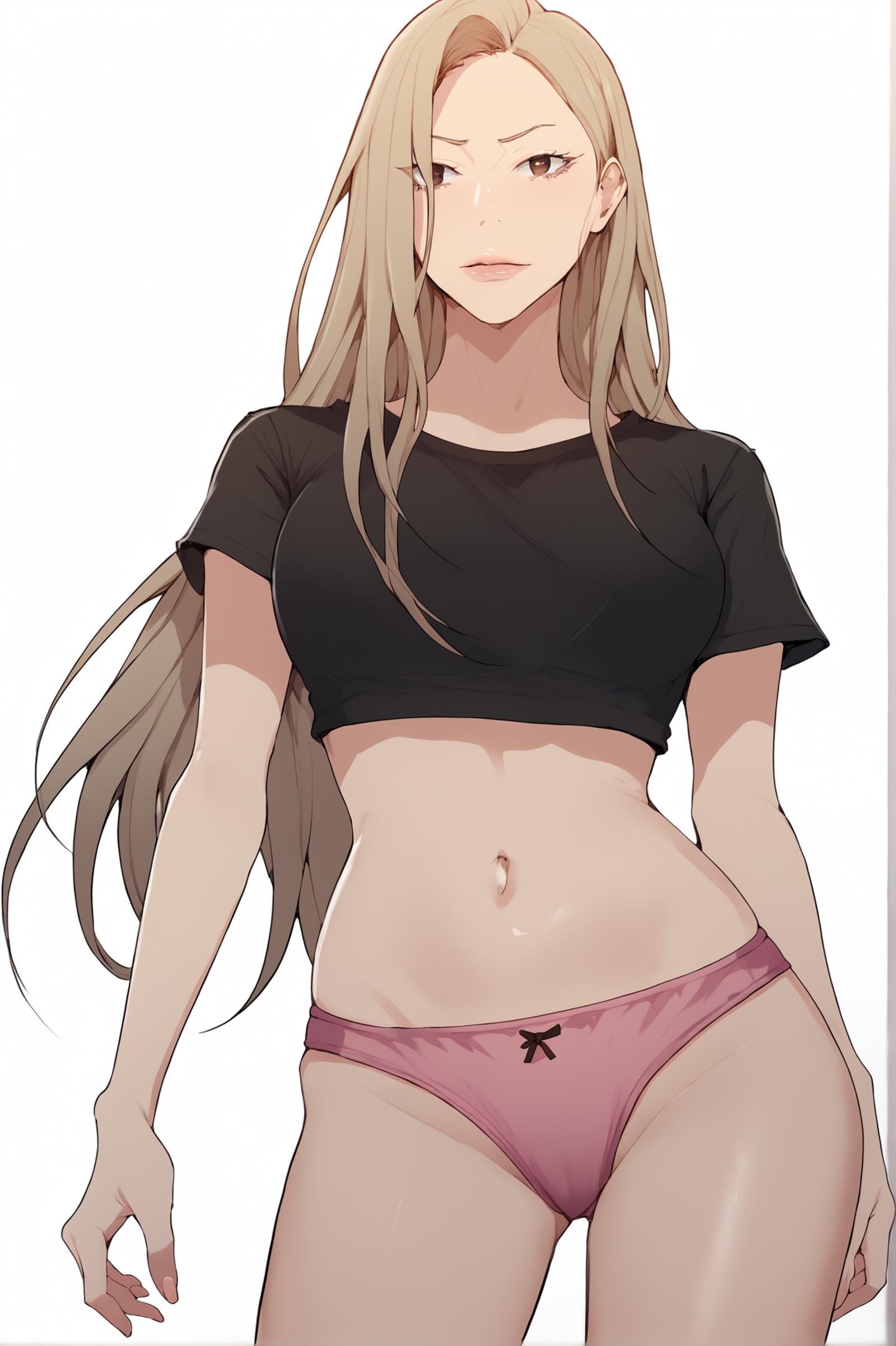 <lora:XL_MiaCha_SC:1> miachadef, blonde hair, brown eyes, long hair, looking at viewer, white background, simple background, t-shirt, crop top, navel, black shirt, pink panties, underwear, standing, 1girl,, score_9,score_8_up,score_7_up, detailed face, source_anime