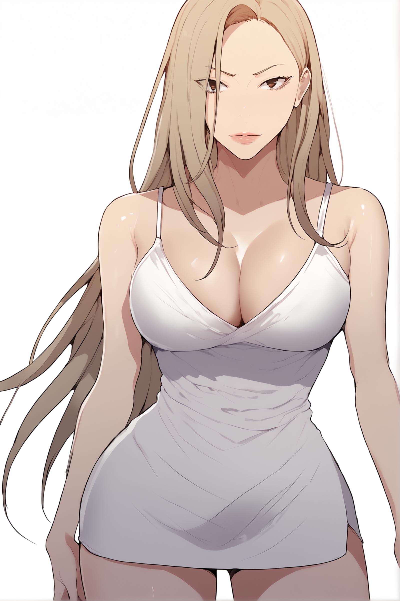 <lora:XL_MiaCha_SC:1> miachadef, blonde hair, brown eyes, long hair, looking at viewer, white background, simple background, 1girl, solo, standing, white dress, short dress, thighs, cleavage, breasts, looking at viewer, score_9,score_8_up,score_7_up, detailed face, source_anime