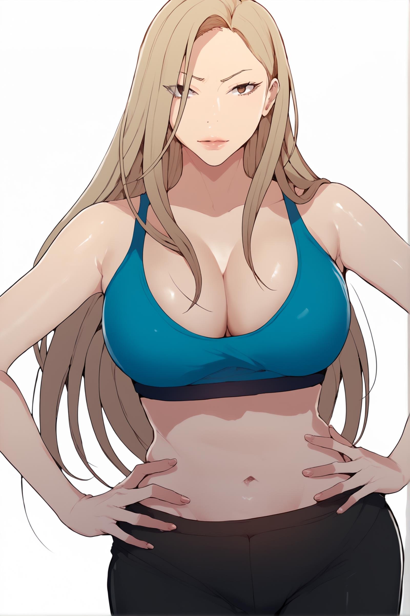 <lora:XL_MiaCha_SC:1> miachadef, blonde hair, brown eyes, long hair, looking at viewer, white background, simple background, 1girl, solo, standing, blue sports bra, black legwear, navel, large breasts, cleavage, hands on own hips, score_9,score_8_up,score_7_up, detailed face, source_anime