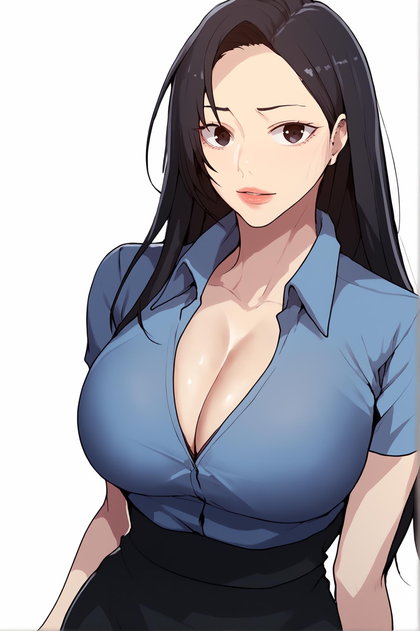 <lora:XL_SeolHee_SC:1> seolheedef, black eyes, black hair, long hair, white background,  simple background, 1girl, solo, large breasts, pencil skirt, black skirt, looking at viewer, blue shirt, collared shirt, cleavage, short sleeves, score_9,score_8_up,score_7_up, detailed face, source_anime