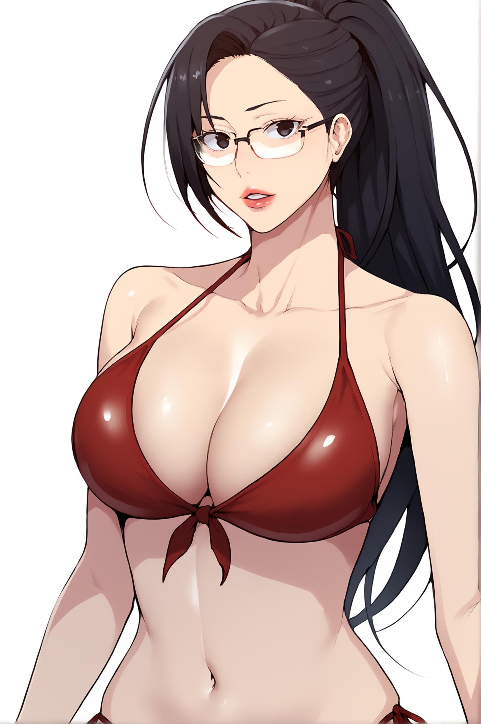 <lora:XL_SeolHee_SC:1> seolheedef, black eyes, black hair, long hair, glasses, white background,  simple background, standing, looking at viewer, solo, large breasts, navel, cleavage, bare shoulders, collarbone, swimsuit, ponytail, bikini, parted lips, lips, side-tie bikini bottom, halterneck, red bikini, score_9,score_8_up,score_7_up, detailed face, source_anime