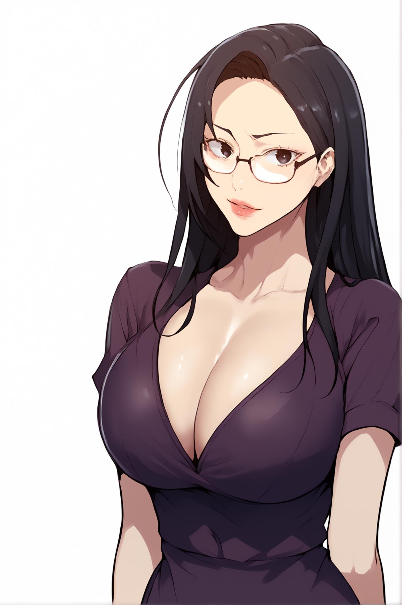 <lora:XL_SeolHee_SC:1> seolheedef, black eyes, black hair, long hair, glasses, white background,  simple background, standing, looking at viewer, purple dress, cleavage, large breasts, short sleeves, black pantyhose, score_9,score_8_up,score_7_up, detailed face, source_anime