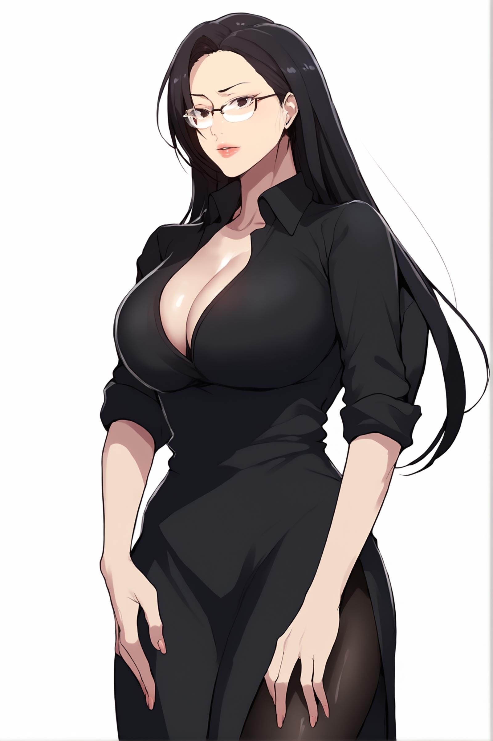 <lora:XL_SeolHee_SC:1> seolheedef, black eyes, black hair, long hair, glasses, white background,  simple background, standing, black dress, long dress, collared dress, cleavage, sleeves rolled up, large breasts, side slit, black pantyhose, looking at viewer, score_9,score_8_up,score_7_up, detailed face, source_anime