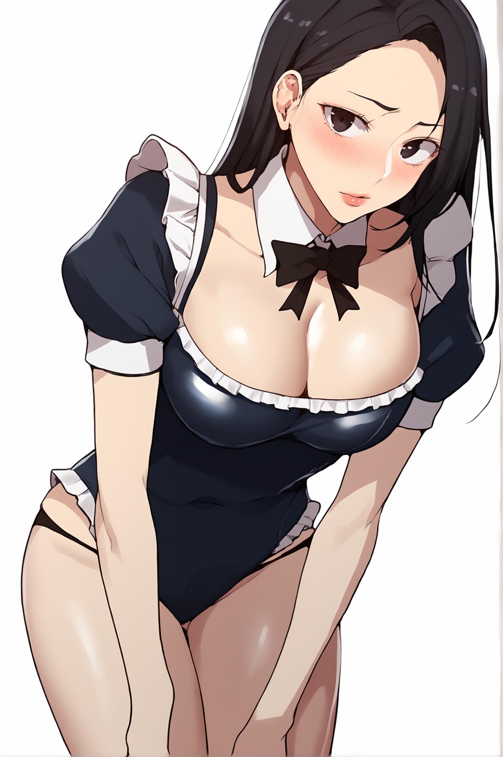 <lora:XL_SeolHee_SC:1> seolheedef, black eyes, black hair, long hair, white background,  simple background, 1girl, solo, breasts, cleavage, maid, looking at viewer, short sleeves, frills, thighs, blush, swimsuit, alternate costume, underwear, panties, black panties, detached collar, puffy sleeves, standing, enmaided, puffy short sleeves, collarbone, ribbon trim, leotard, large breasts, score_9,score_8_up,score_7_up, detailed face, source_anime