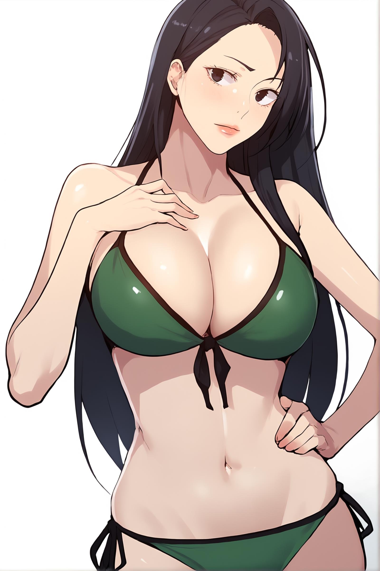 <lora:XL_SeolHee_SC:1> seolheedef, black eyes, black hair, long hair, white background,  simple background, 1girl, solo, large breasts,navel, cleavage, swimsuit, bikini, hand on hip, green bikini, side-tie bikini bottom, hand on own chest, front-tie top, looking at viewer, score_9,score_8_up,score_7_up, detailed face, source_anime