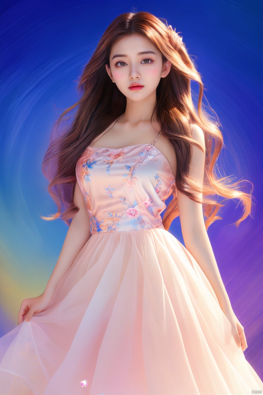 HD, best quality, 8K,1girl, keaiqunzi, big breasts, stars in the sky, fluorescent art, super-realistic girl photography from fairy tales, long flowing hair, exquisite facial features, peaceful expression, flowing long skirt, one-shoulder long skirt , starry headband, rainbow background, the artist uses impasto and cream landscape portrait style on the photo, blending Chinese meticulous painting and modern dopamine art to present a unique magazine style