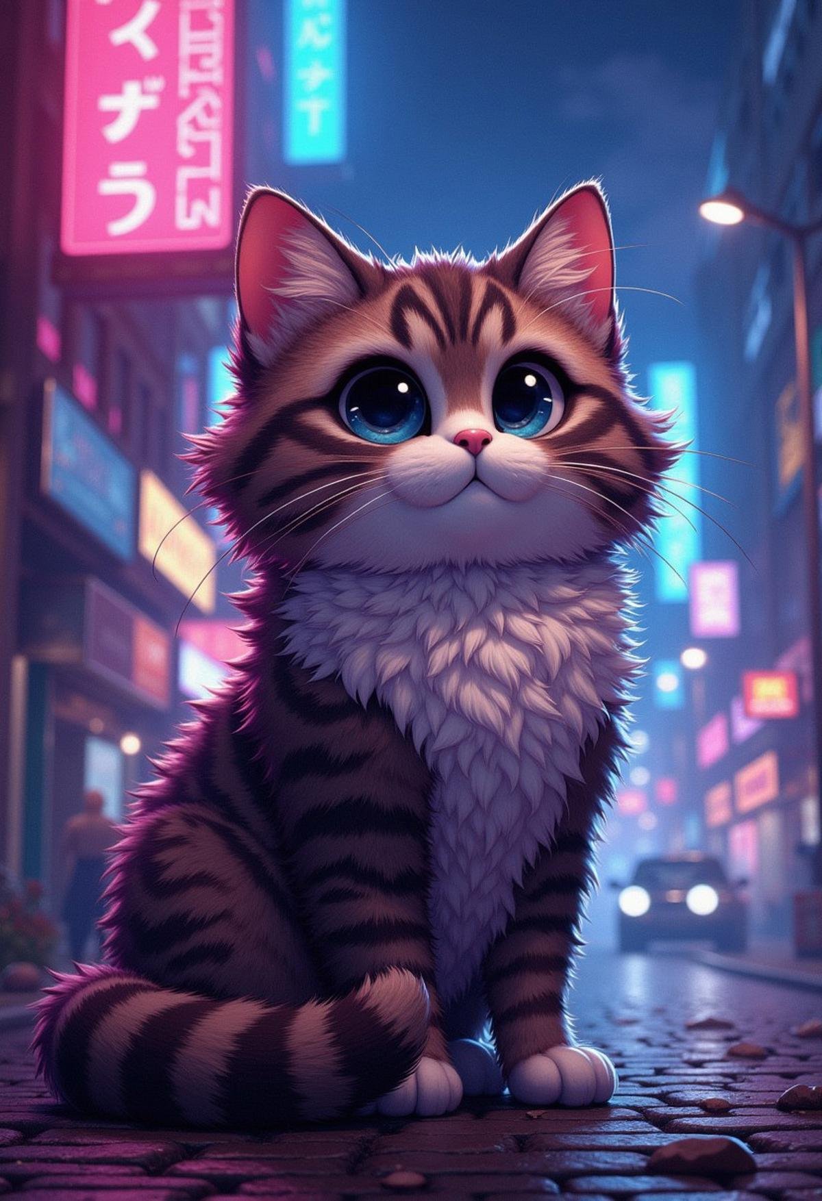 illutration of a Fluxxy, Fluffy, furry cat in the streets of night city, cyberpunk city with neons by night