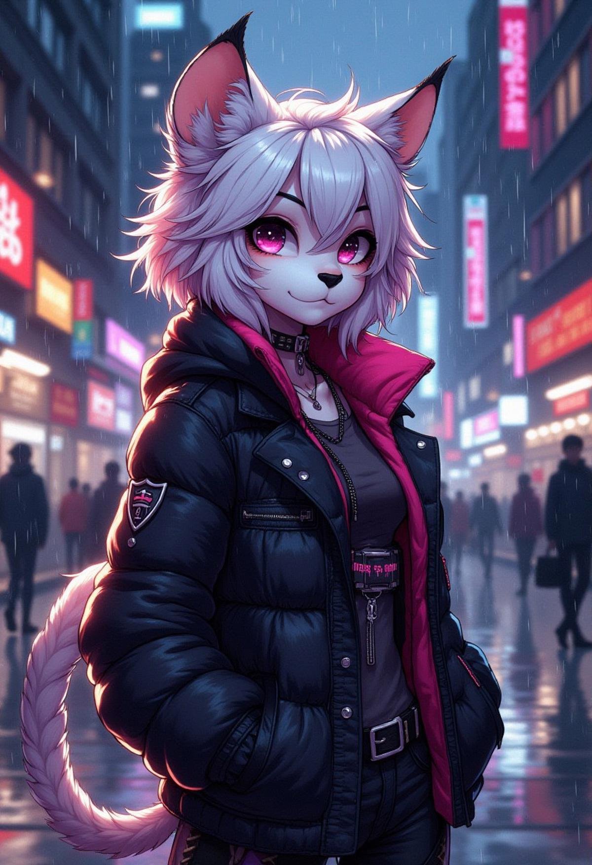 award winning beautiful portrait commission of a female furry anthro albino puma fursona with a tail and a cute beautiful attractive detailed furry face wearing stylish black and pink cyberpunk clothes in a cyberpunk city at night while it rains. Character design by charlie bowater, ross tran, artgerm, and makoto shinkai, detailed, inked, western comic book art, Fluxxy, Fluffy, Furry