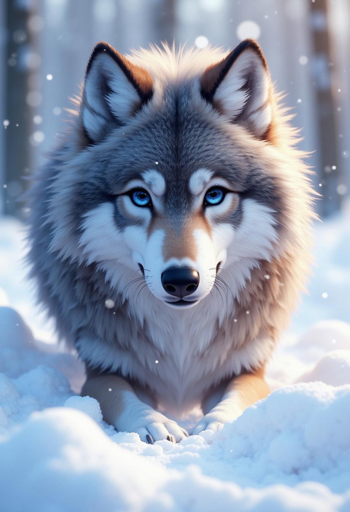 illutration of a Fluxxy, Fluffy, furry wolf in the snow by day