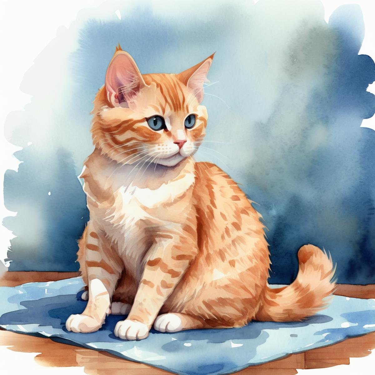 a ginger cat sitting on a blue carpet in a room clipart,  cute,  niji watercolor style by user_656923447288474081 on Tenso...