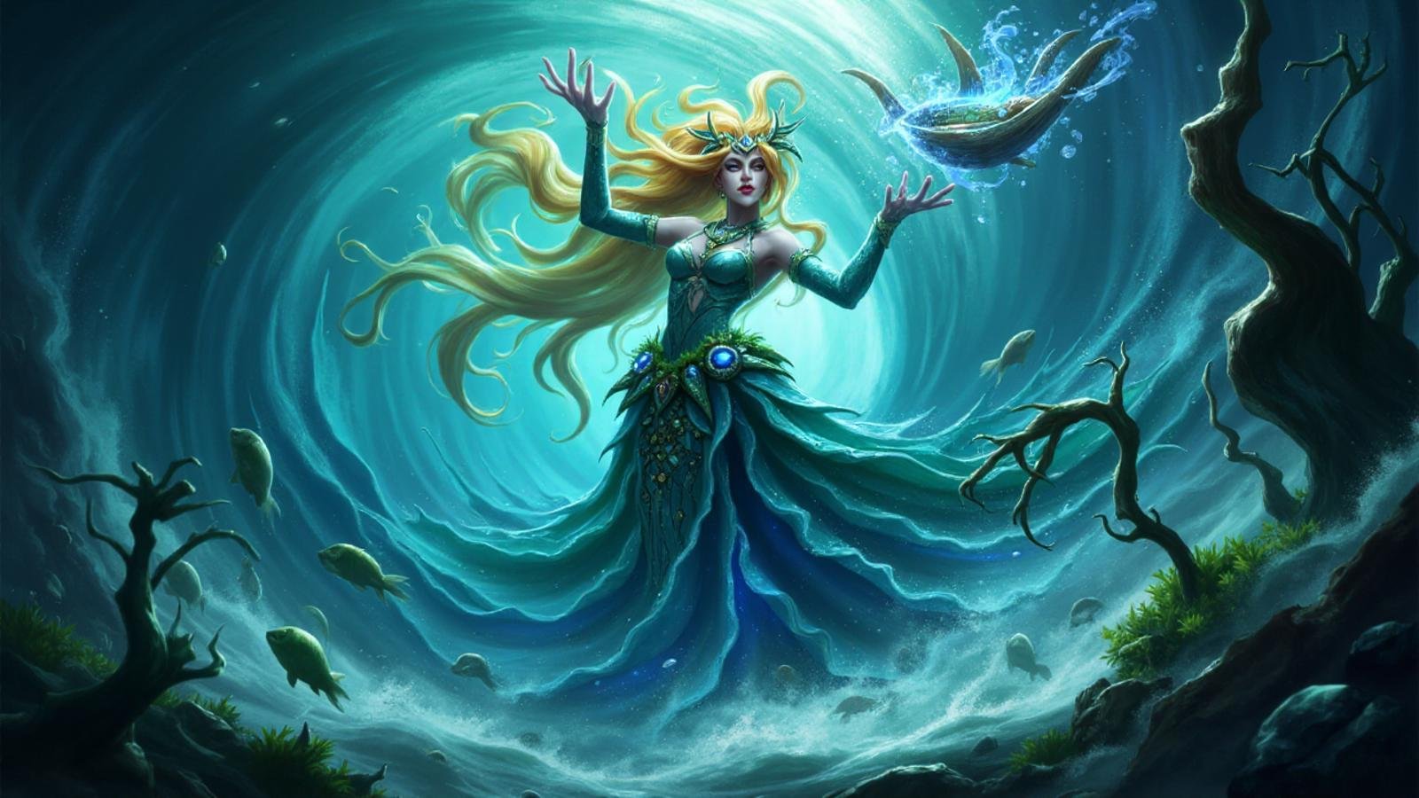 illustration in lolsart style, A mysterious aquatic enchantress emerges from a swirling whirlpool, her lower body a mass of iridescent tentacles and fins, upper body adorned with bioluminescent coral and shells, long flowing hair composed of shimmering water and seaweed, eyes glowing with ancient power, one hand raised conjuring a sphere of swirling water and sea life, the other grasping a staff made of twisted driftwood and pearls, surrounded by a school of ethereal ghost fish, deep sea creatures lurking in the dark waters below, shafts of sunlight piercing the waves from above, <lora:lolsart:1.0>