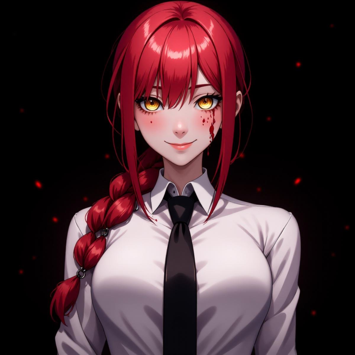 anime of mkm4 woman, best quality, ultra detailed,  solo, standing, red hair, long braided hair, blood on the face, golden eyes, bangs, medium breasts, white shirt, necktie, stare, smile, (evil:1.2), looking at viewer, dark background, chains <lora:mkm4-000008:1>