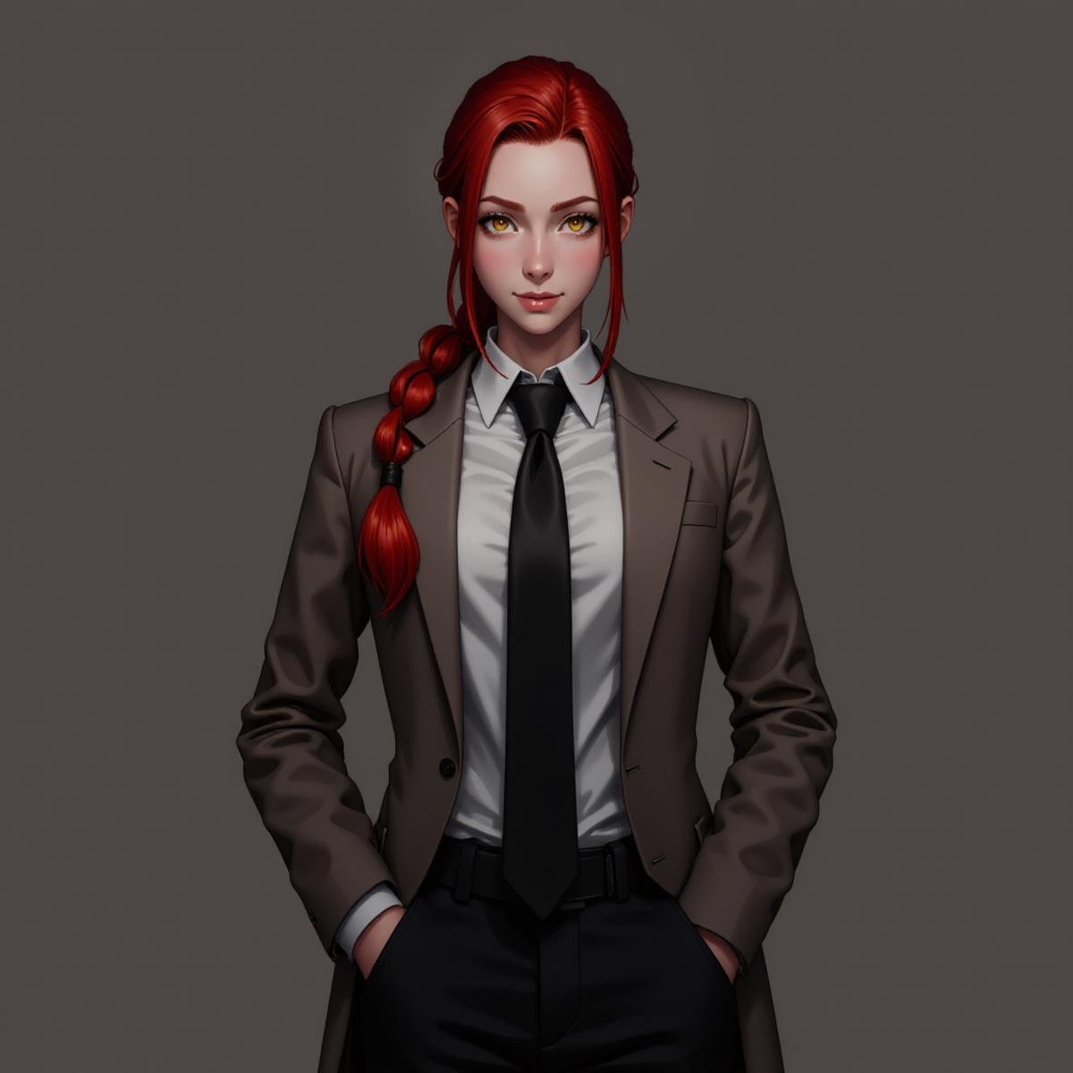 mkm4 woman, cowboy shot, solo, expressionless, closed mouth, looking at viewer, hands in pockets, red braided ponytail, ringed eyes, formal, coat, collared shirt, black necktie, black pants <lora:mkm4-000008:1>