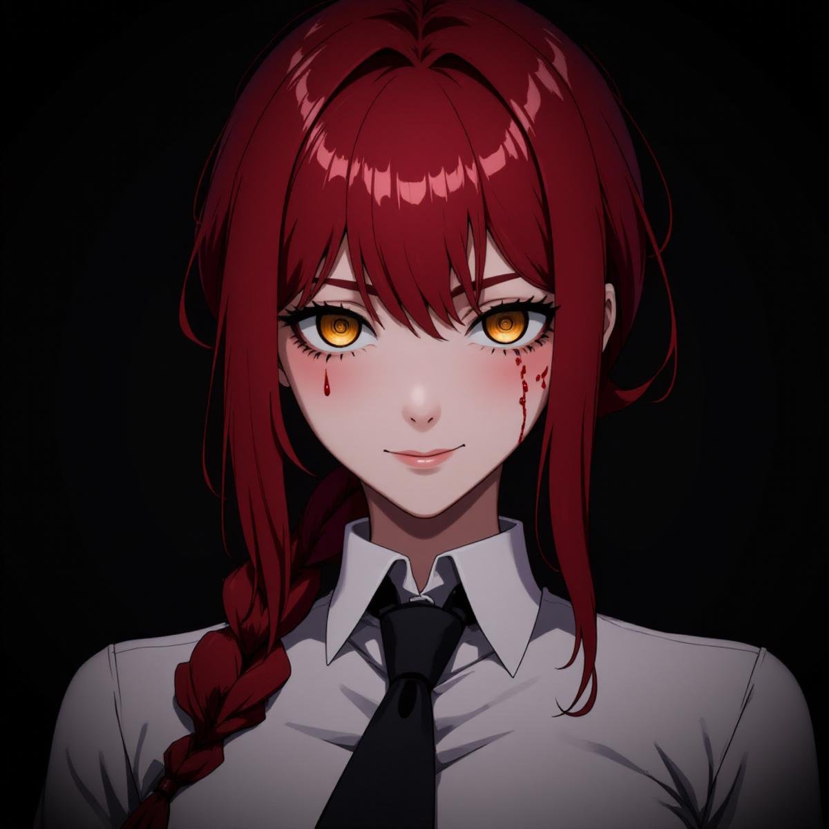 anime of mkm4 woman, best quality, ultra detailed,  solo, standing, red hair, long braided hair, blood on the face, golden eyes, bangs, medium breasts, white shirt, necktie, stare, smile, (evil:1.2), looking at viewer, dark background, chains <lora:mkm4-000008:1>