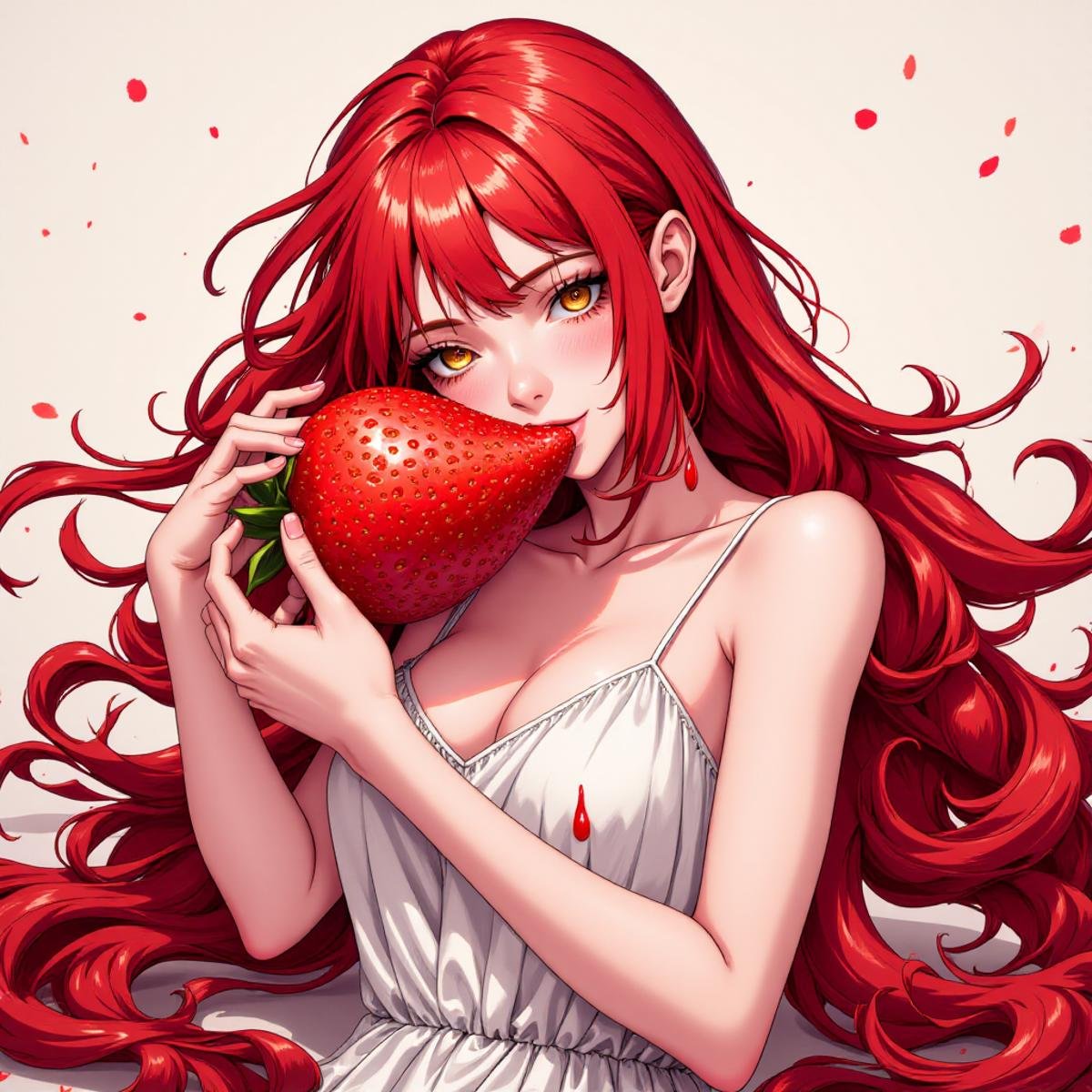 high quality manga illustration of a beautiful mkm4 evil woman messily eating a giant strawberry, the woman has very long and red hair and is wearing a sundress, she is biting into the strawberry and strawberry juice is running down her face and stains her clothes, the strawberry is larger than the woman's head, <lora:mkm4-000008:1>