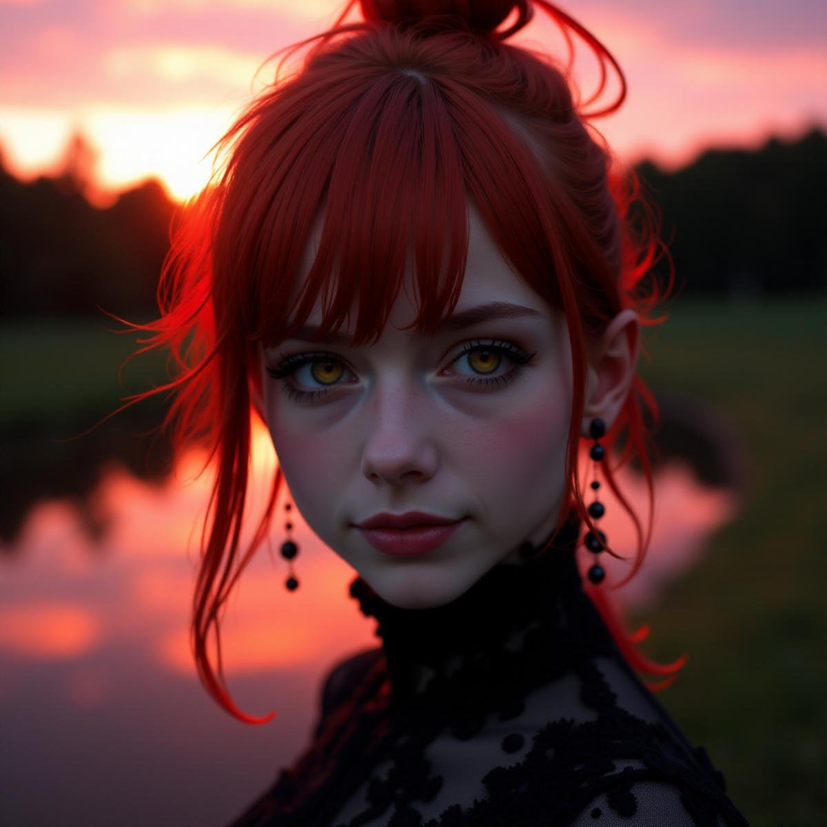 raw photography, breathtaking analog photo of young emo mkm4 woman with goth makeup, candid closeup portrait shot from three quarter angle, dramatic eyes makeup with long lashes, detailed green eyes looking into the distance, expressive lips, unique gorgeous face with latvian and greek features, wild ginger hair, high ponytail with bangs reflecting the sunset's red and pink hues, dreamy expression with a smile, wearing a lace-trimmed top and a witchy earrings, skinny, ethereal beauty, outdoor scene with forest and lake in the background highlighted by the setting sun, romantic atmosphere of a summer night, photoreal, highly detailed, natural skin details, 50mm film, film grain,<lora:mkm4-000008:1>