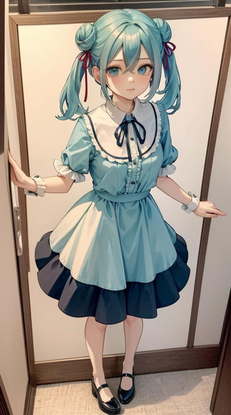 (masterpiece, best quality),ray tracing,absurdres, HDR,hatsune miku, aino, 1girl, solo, ribbon, hair ribbon, hair between eyes, looking at viewer, red ribbon, frills, blue eyes, bangs, hair bun, full body,, double bun, twintails, traditional media,, aqua eyes, frilled sleeves, , , shirt,dress,legs ,,standing,<lora:miku_aino_v2:0.8>