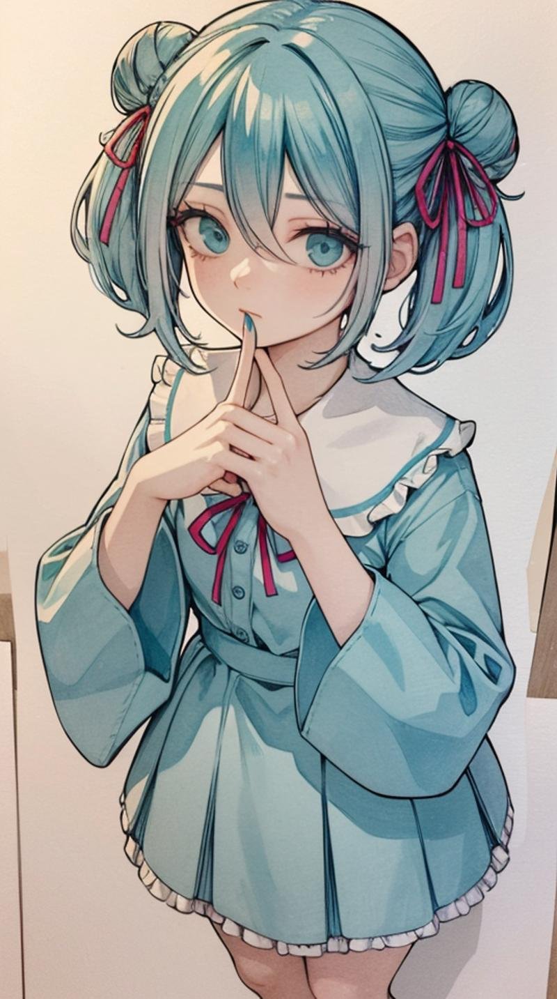 (masterpiece, best quality),ray tracing,absurdres, HDR,hatsune miku, aino, 1girl, solo, ribbon, hair ribbon, hair between eyes, looking at viewer, red ribbon, frills, blue eyes, bangs, hair bun, full body, finger to mouth, double bun, twintails, traditional media, hand up, aqua eyes, frilled sleeves, nail polish, white background, blue nails, shirt <lora:miku_aino_v2:0.8>