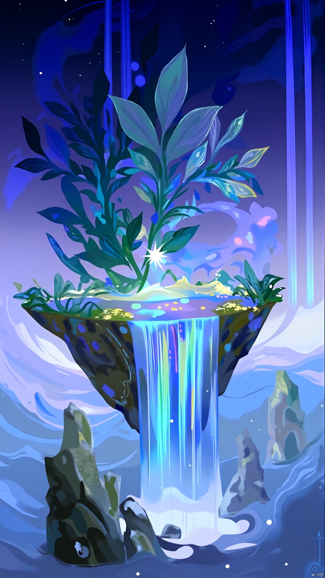 An island floating in a sea of ​​clouds, surrounded by strange energy. The surface of the island is covered with crystal clear plants, and the leaves reflect the rainbow brilliance like gems. The waterfall pours down from the edge of the island, and the water shows a blue and white light, suspended in mid-air, like a solidified liquid. Floating beneath the island are silver-grey rocks dotted with glowing moss and tiny specks of light. In the purple-blue sky, stars and streams of light intertwine, creating a surreal dreamlike feeling