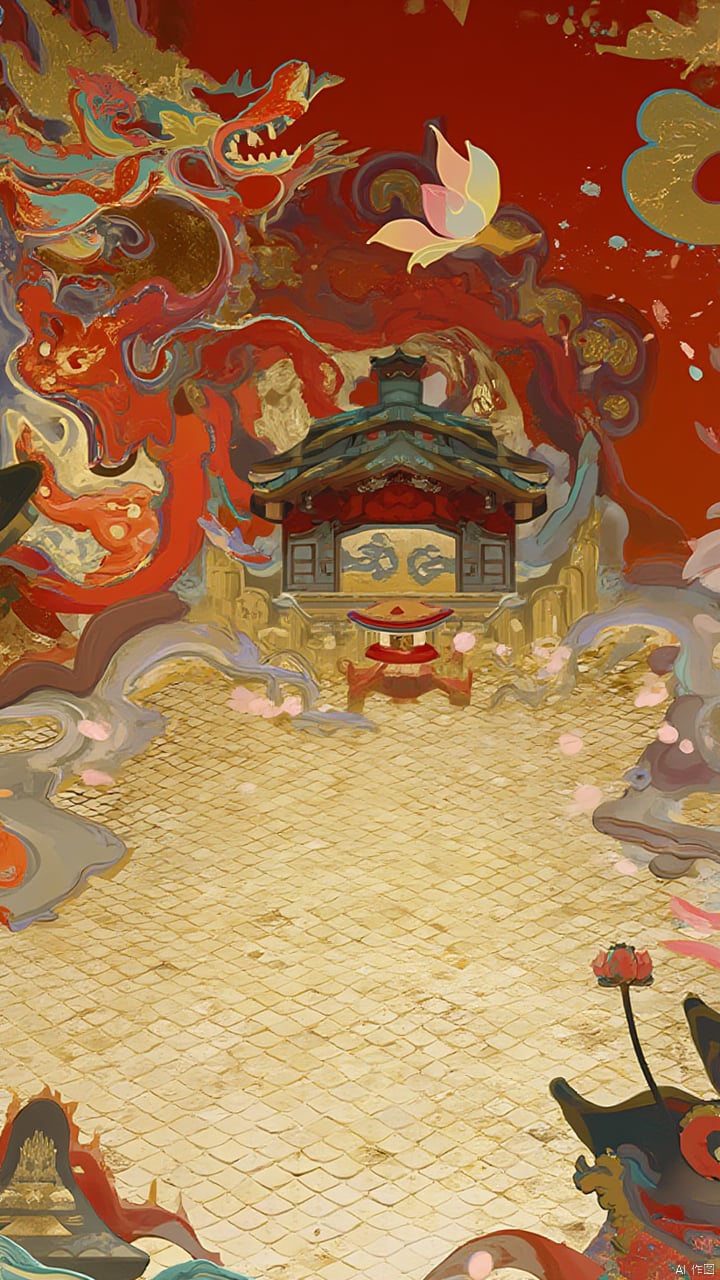 In a Chinese-style fantasy scene, a magnificent dragon-scale courtyard displays an ancient and gorgeous atmosphere. In the background, the courtyard floor is covered with golden dragon scale bricks. Delicate brushstrokes depict every texture on the scales, with gloss and shadow interlaced to create a three-dimensional effect. In the center of the courtyard stands a gilded heavenly temple. The top of the temple is covered with red and cyan dragon-shaped decorations. Gorgeous dragon patterns are intertwined with auspicious clouds, and the delicate color transitions from deep red to golden. The courtyard is decorated with blooming lotus flowers and fluttering brocades. The lotus flowers are represented in soft pink and gold, and the brocades appear in strong reds and purples, adding to the layering and dynamics of the picture. The overall picture is like an ancient palace painting, showing the fusion of tradition and fantasy.