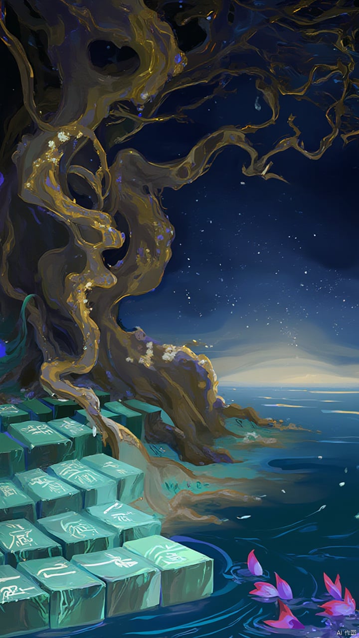 In this painting, an ancient sacred tree stands on the shore of Star Lake. The trunk is made of dark brown wood texture, wrapped with golden vines, and the vines are dotted with sparkling gems. The background color gradually changes from the dark blue of the night sky to the silvery white of the stars, and the delicate brushstrokes show the light of the stars and the reflection of the lake. The lake is as calm as a mirror, and the brilliance of the stars forms distinct layers of light spots on the water. The stone steps by the lake are made of emerald-like turquoise stones. Ancient runes are carved on the stones, emitting a faint light. The petals floating in the lake show a magnificent purple-red color, adding to the layering and beauty of the picture. The entire scene combines classical and modern aesthetics, showing a mysterious and dreamy natural wonder.