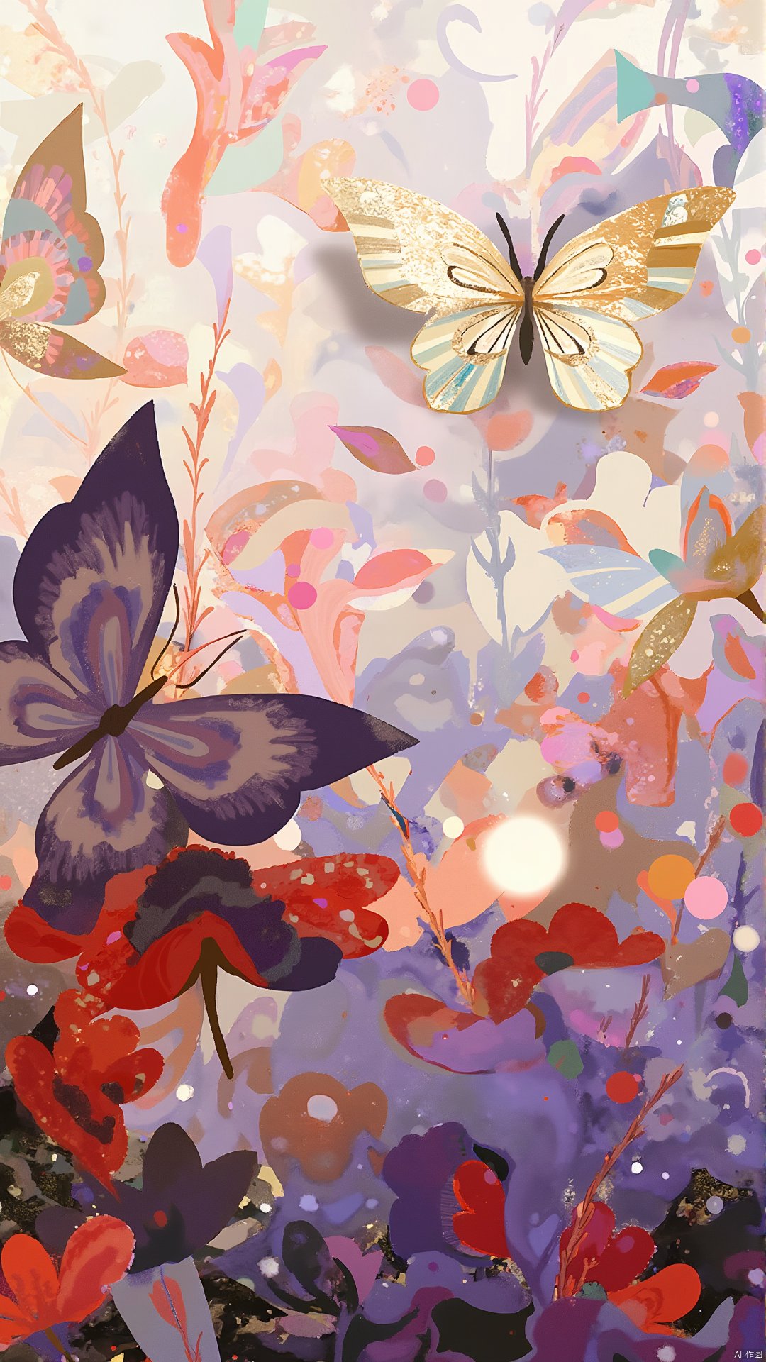 ash,A sea of ​​colorful flowers, the outlines of petals are blurred and cascading, and the colors gradually transition from soft pink and lavender to strong red and orange, forming a dreamlike gradient. The butterfly group floating above the sea of ​​flowers adopts a geometric design. The wings are composed of sharp lines and gradient color blocks. The colors are rich, changing from gold, emerald green to deep purple, as if flowing in the air.