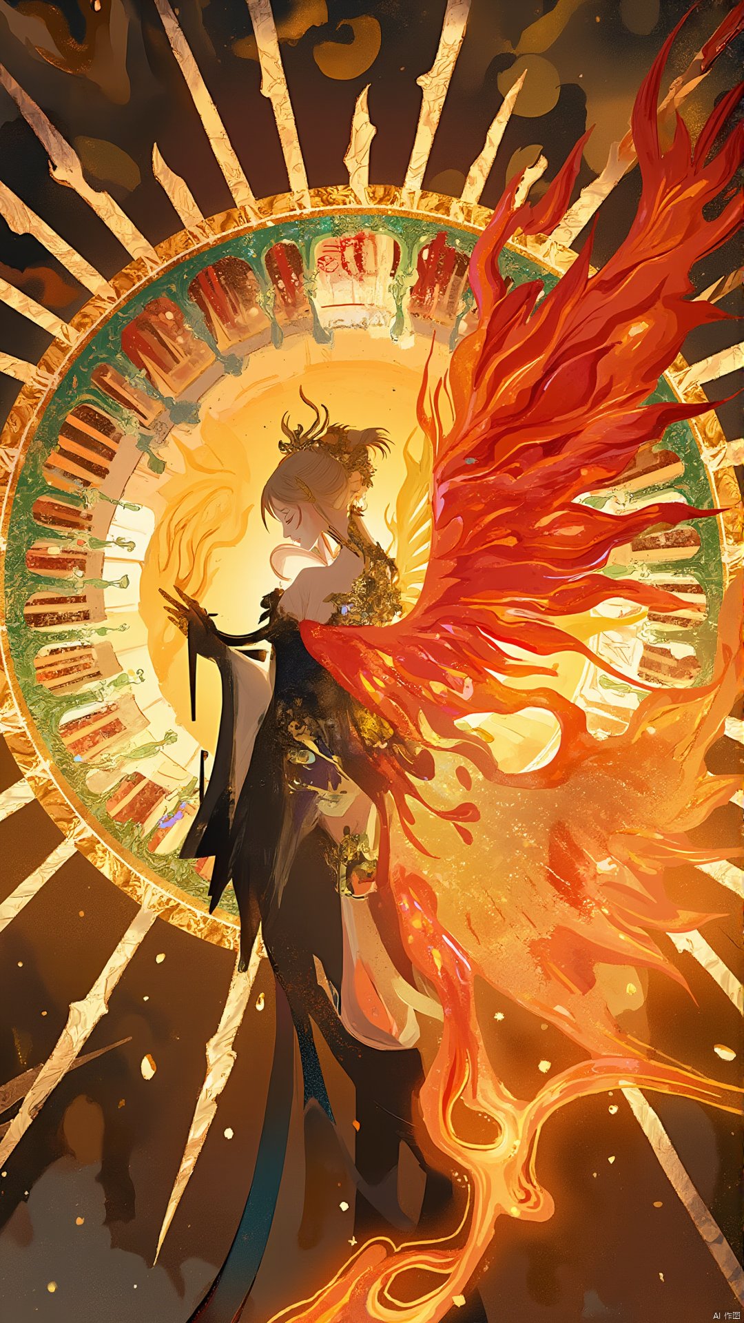 ash,An artistic illustration of a female character with wings and gorgeous costumes. Her hair and clothes are designed with flame elements against a background of bright light and intricate patterns