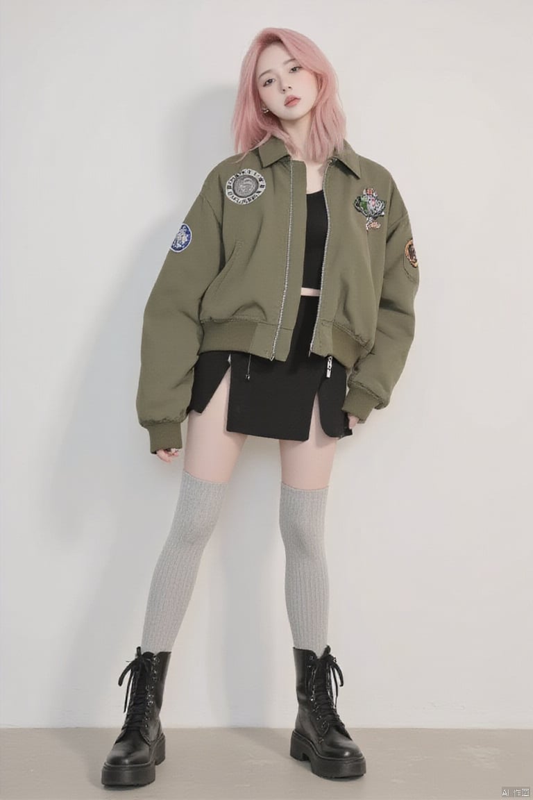 The image features a young woman standing against a plain,light background which helps to highlight her attire and pose. She has striking pink hair styled in loose waves that frame her face,which bears a serious,contemplative expression. Her outfit consists of a bulky,olive green bomber jacket,a black skirt peeking beneath it,and long,light gray knee-high socks that transition into chunky black combat boots. Her jacket is adorned with various patches and zippers,adding a touch of rugged urban fashion to her look. The contrasting styles—feminine hair and makeup with more masculine and oversized outerwear—create an eye-catching juxtaposition. The soft color palette of her hair and the vivid green of her jacket stand out starkly against the monochrome environment.,