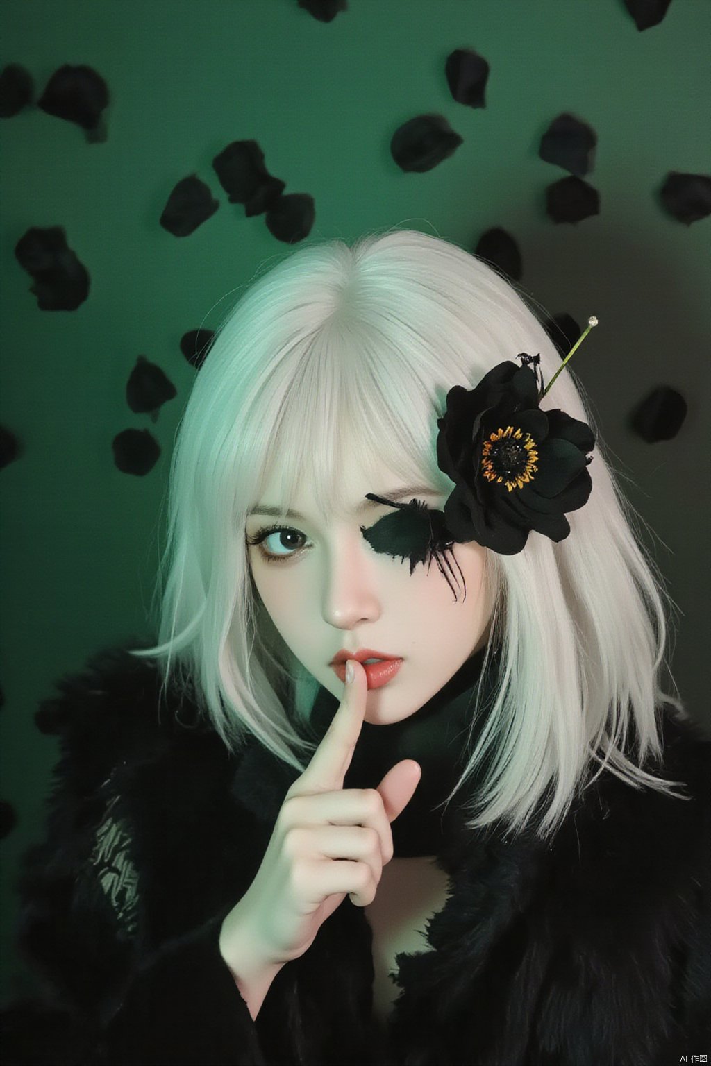 An Acrylic style painting that is expressive, gives it a dynamic and emotional quality. Anime art of a stylized portrait of a woman with a ethereal black and green mist surrounding her body. The mist creates a dramatic and surreal effect. A black flower, that is blooming, covering one eye, attached to the face. The woman has a cold aesthetic, complimented by her white hair. Anime art of woman draped in shadows with a lighting that enhances her unique features. The background is dark green, filled with black rose petals. Holding finger to lips, shush, shushing motion,.