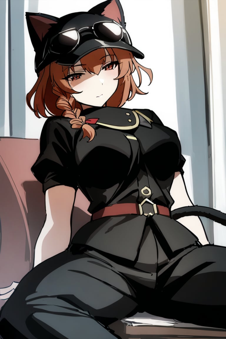 1girl,Ash,short hair,braided hair,brown hair,single braid,cat ears headwear,sunglasses on head,fingerless glove,black clothes,black skrit,black pants,brown boots,cat tail,black bel,black etiquette belt,masterpiece,best quality,