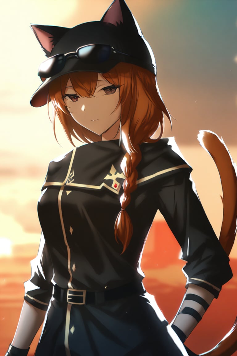 1girl,Ash,short hair,braided hair,brown hair,single braid,cat ears headwear,sunglasses on hand,fingerless glove,black clothes,black skrit,black pants,brown boots,cat tail,black bel,black etiquette belt,masterpiece,best quality,illustration,ultra detailed,hdr,Depth of field,(colorful),Artist rokusai,