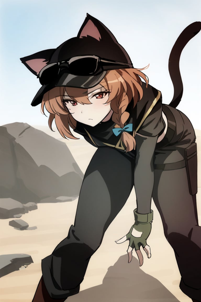 1girl,Ash,short hair,braided hair,brown hair,single braid,cat ears headwear,sunglasses on head,fingerless glove,black clothes,black skrit,black pants,brown boots,cat tail,black bel,black etiquette belt,masterpiece,best quality,