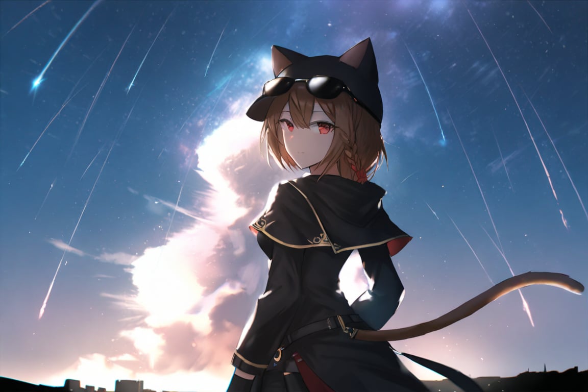 1girl,Ash,short hair,braided hair,brown hair,single braid,cat ears headwear,sunglasses on head,fingerless glove,black clothes,black skrit,black pants,brown boots,cat tail,black bel,black etiquette belt,masterpiece,best quality,look viewer,masterpiece,best quality,illustration,ultra detailed,hdr,Depth of field,(colorful),Artist rokusai,street,night,fantasydi,onnk,meteor shower