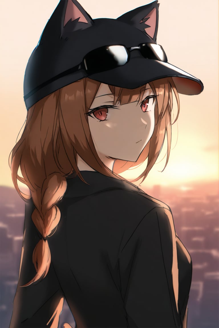 1girl,Ash,short hair,braided hair,brown hair,single braid,cat ears headwear,sunglasses on head,fingerless glove,black clothes,black skrit,black pants,brown boots,cat tail,black bel,black etiquette belt,masterpiece,best quality,illustration,ultra detailed,hdr,Depth of field,(colorful),Artist rokusai,looking at viewer,dusk,