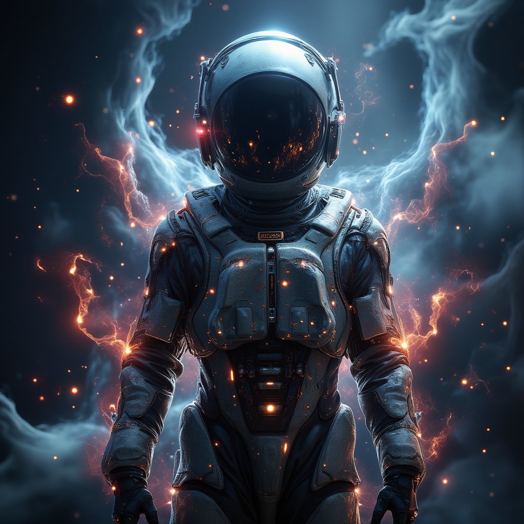 Made of, glowing plasma streams, space adventurer, with visible robotic enhancements, in high-tech space suit, Intricate details, 8k, cinematic, subsurface scattering,noc-space