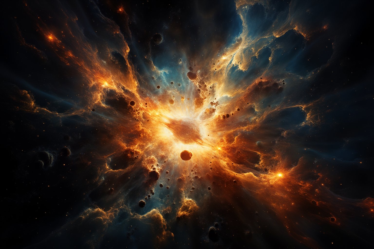 In a vast expanse of deep space, a supernova explosion illuminates the cosmos, casting an ethereal glow on the surrounding universe. Against the inky blackness of the void, tendrils of gas and dust stretch out like ghostly fingers, as if reaching for the dying star's fiery remnants.