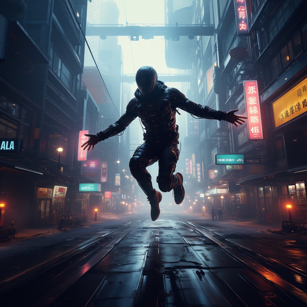 A cinematic masterpiece unfolds as our protagonist, a cybernetically-enhanced individual, leaps through the neon-drenched cityscape in a pulse-pounding, movie aesthetic action shot. Professional-grade lighting illuminates every intricate detail, from the character's upgraded exosuit to the urban landscape, with volumetric light casting dramatic shadows. Dynamic lighting effects amplify the scene's tension as our hero executes a gravity-defying parkour move, set against a backdrop of towering skyscrapers and bustling streets. The camera captures every ultra-high detailed aspect of this extreme full-body portrait, evoking a sense of photorealism in this cinematic game-inspired masterpiece.,noc-space