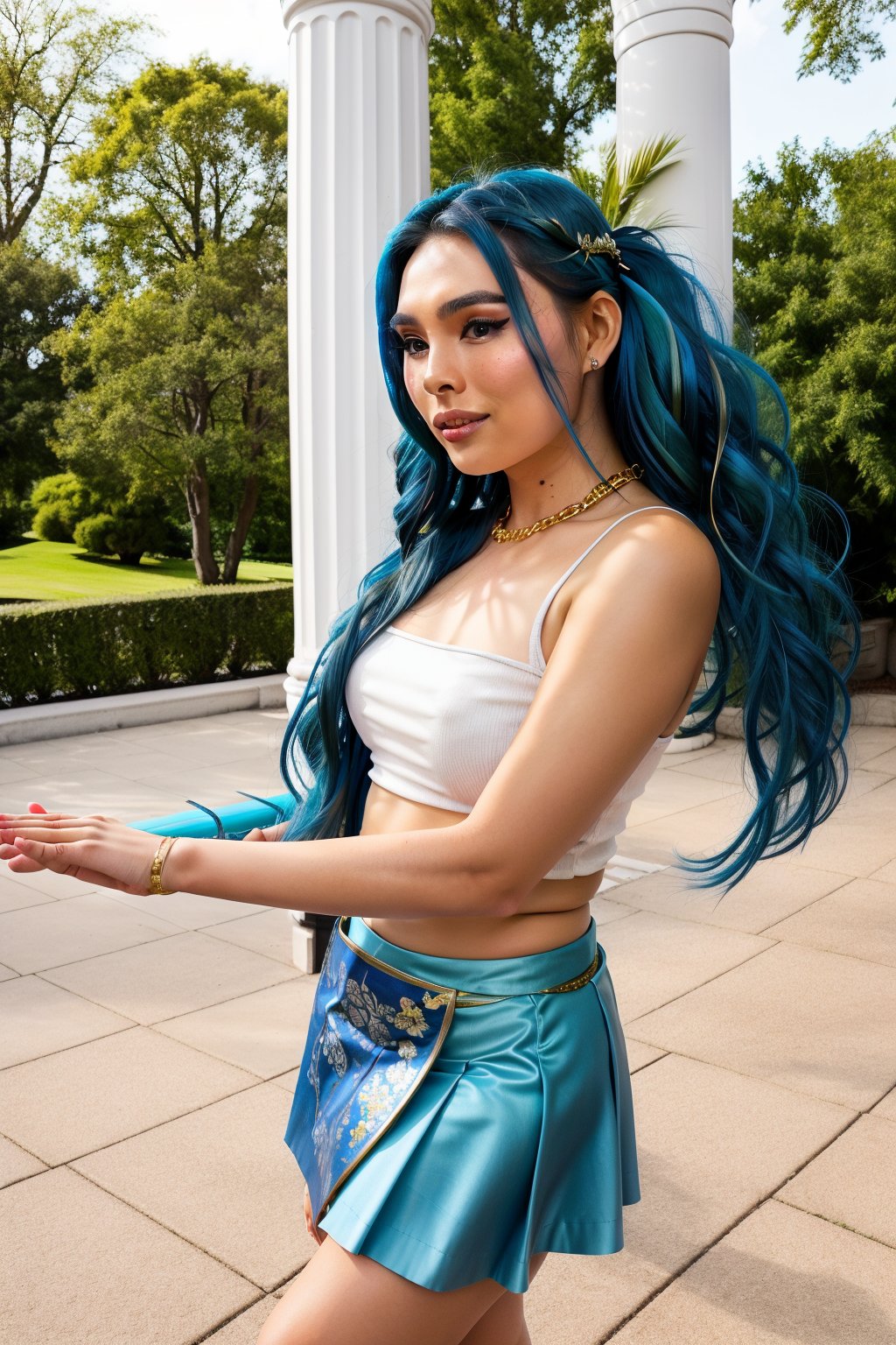 Captured from a low-angle perspective,  a vibrant blue-haired woman,  dressed in a traditional Asian costume by SFM on Ten...