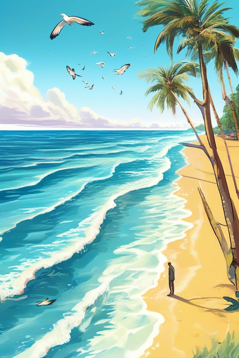 A serene blue beach scene: a tranquil ocean stretches out to meet the sky, with gentle waves lapping at the shore. Palm trees sway softly in the breeze, their leaves rustling against the warm sand. A lone figure stands at the water's edge, gazing out at the horizon, while seagulls soar overhead, their cries carried on the sea air.