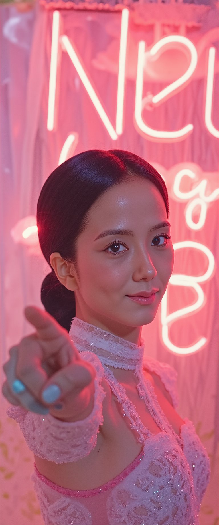 A very beautiful woman is pointing at the viewer and smiling, pointing at a large neon sign that says "New Lora Test". The background is cute with light tones in a Japanese style. Detailed texture, high quality, high resolution, high precision, realism, color correction, good lighting settings, harmonious composition, Behance work, watercolor, text, the text is ""