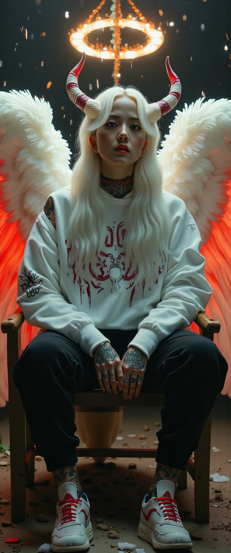 photorealistic, dark, cinematic scene centered on a woman angel with waist-length, flowing white hair, sitting like a king, his pale skin contrasting with glowing red eyes that exude menace. Black tattoos cover his face and hands, giving him a demonic aura, while two large, red horns protrude from his forehead. He wears an oversized white hoodie, paired with black pants and red-accented sneakers. His large wings, white at the base and fading to deep red at the tips, spread out dramatically. A glowing golden halo hovers above his head, set against a dark background filled with scattered white and red sparks, creating an intense, ethereal atmosphere,jisosmile