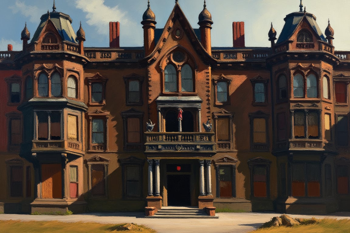 An EdwardH0pp3r style oil painting depicting the facade of a grim mental hospital, intricate gothic architecture featuring arched windows, bay windows, different front elevations, parapet walls, gargoyles. Extreme desolation, complex shadow networks.